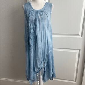 Women’s Blue Lagenlook Artsy Sheer Midi Dress Asymmetrical Coastal OS